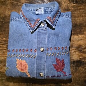 Cascade Blues Vintage 90s Denim Embroidered Leaf Autumn Fall Leaf Floral Shirt *